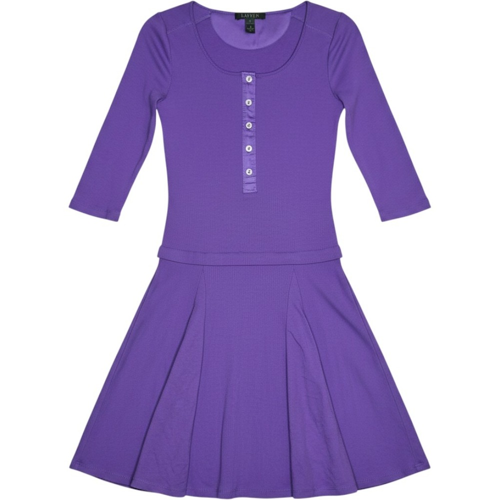 Ralph Lauren Womens Dress Small Purple Henley Ribbed Knit Pleated Fit Flare